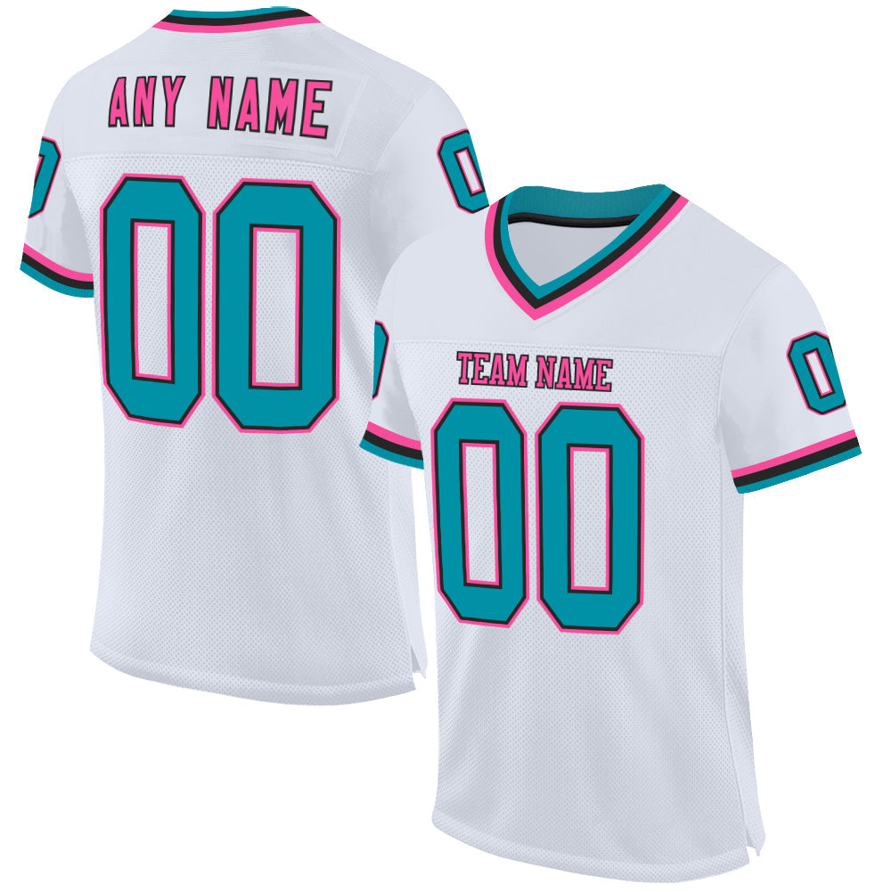 Custom White Teal Black-Pink Mesh Authentic Throwback Football Jersey - Main View