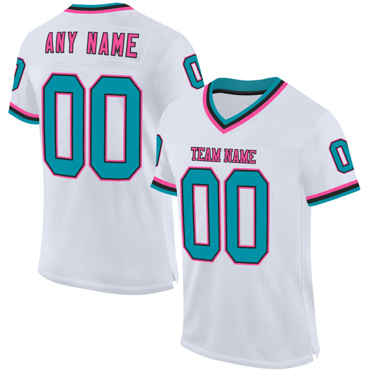 Custom White Teal Black-Pink Mesh Authentic Throwback Football Jersey - Main View