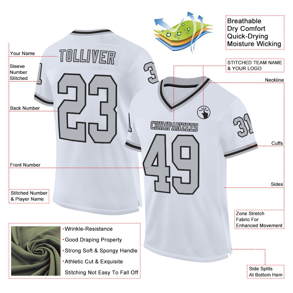Custom White Gray-Black Mesh Authentic Throwback Football Jersey view 2