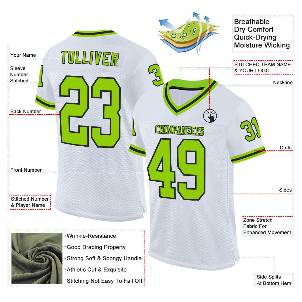 Custom White Neon Green-Black Mesh Authentic Throwback Football Jersey view 2