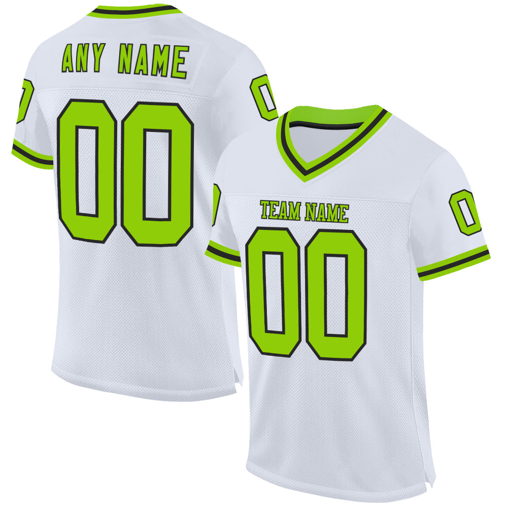 Custom White Neon Green-Black Mesh Authentic Throwback Football Jersey - Main View