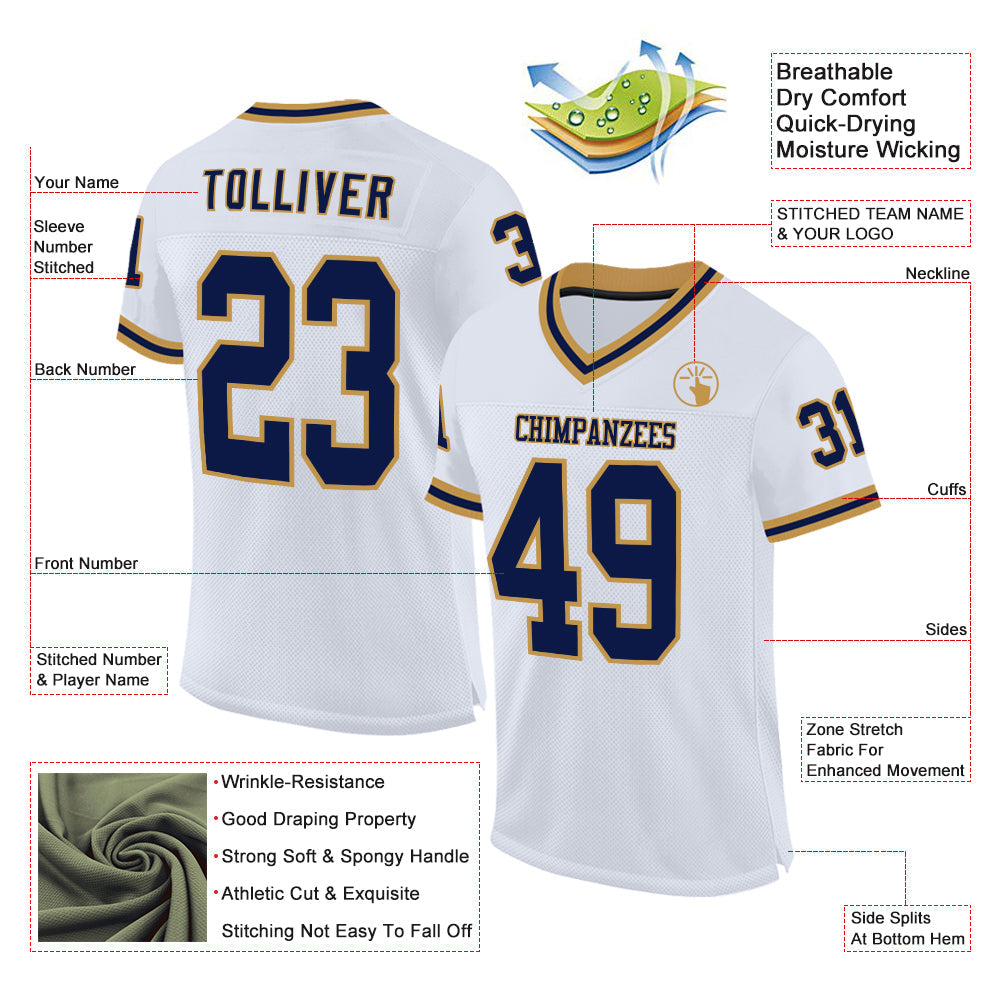 Custom White Navy-Old Gold Mesh Authentic Throwback Football Jersey view 2
