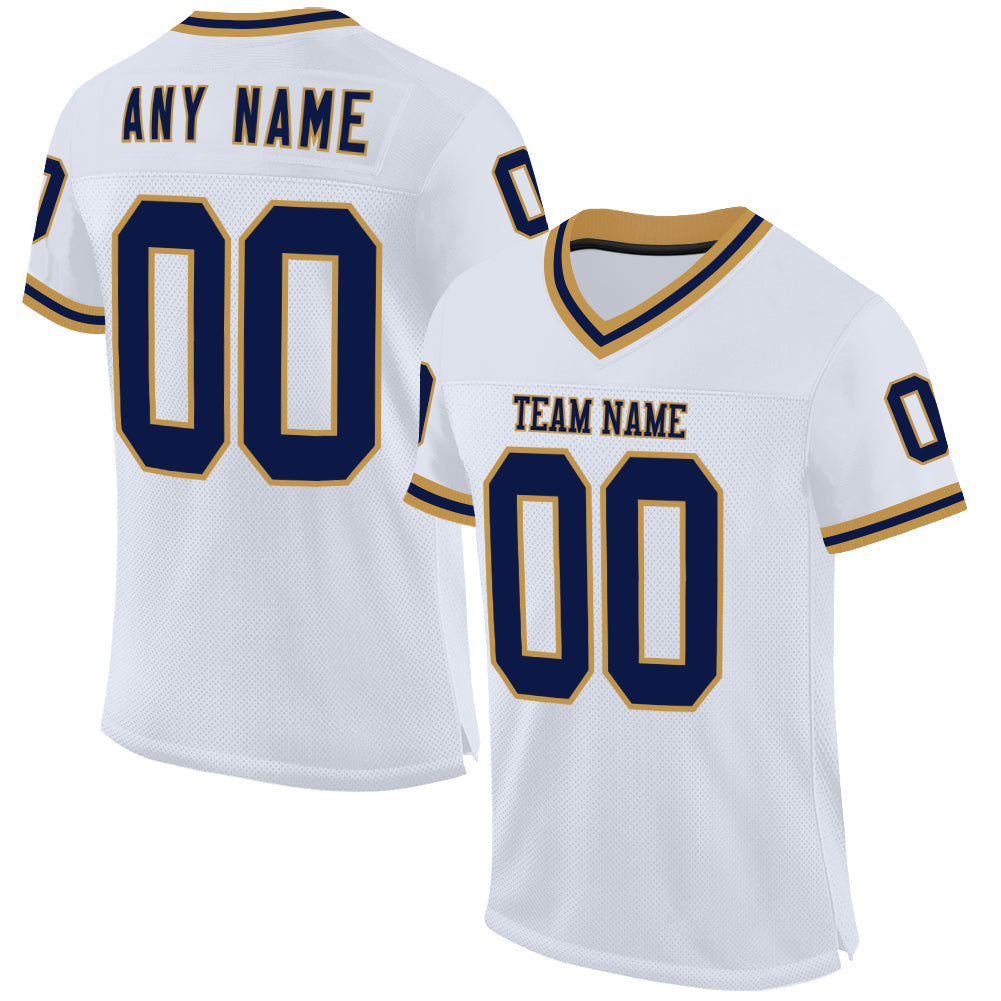 Custom White Navy-Old Gold Mesh Authentic Throwback Football Jersey - Main View