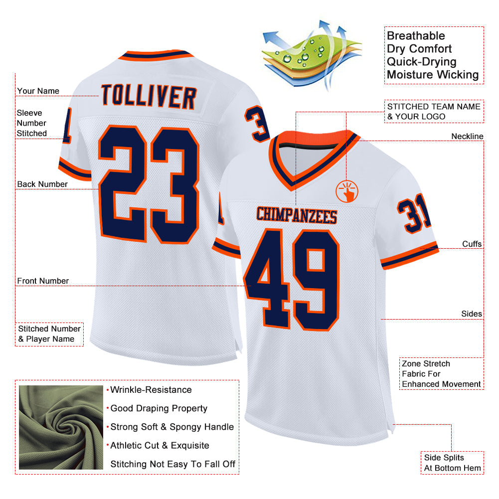 Custom White Navy-Orange Mesh Authentic Throwback Football Jersey view 2