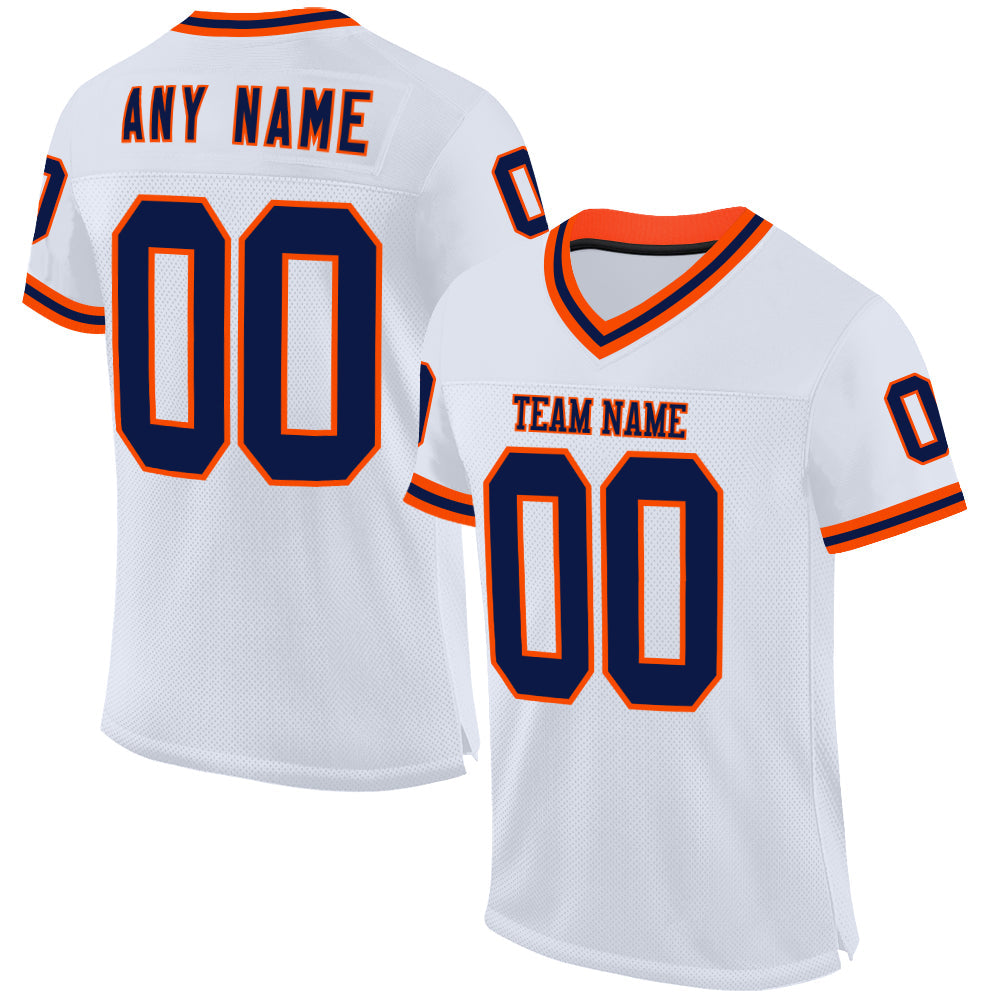 Custom White Navy-Orange Mesh Authentic Throwback Football Jersey - Main View