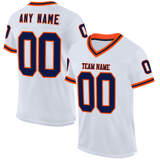 Custom White Navy-Orange Mesh Authentic Throwback Football Jersey - Main View