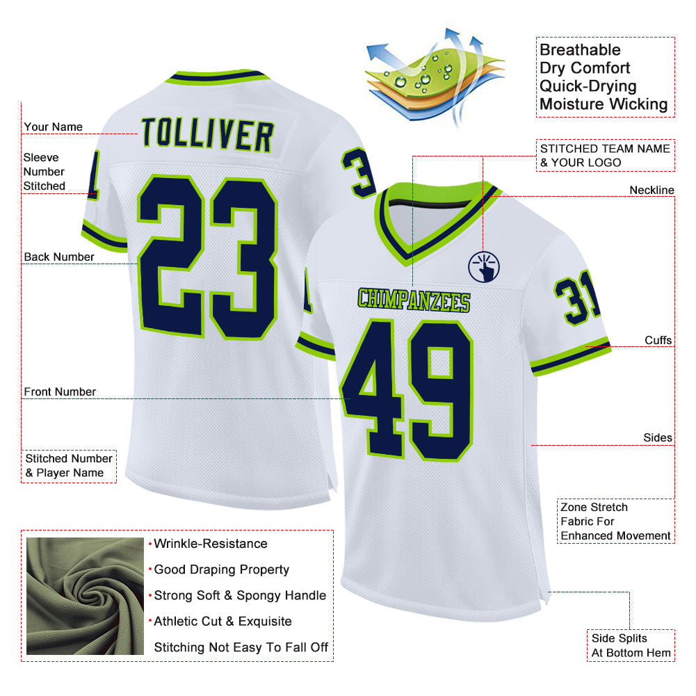 Custom White Navy-Neon Green Mesh Authentic Throwback Football Jersey view 2