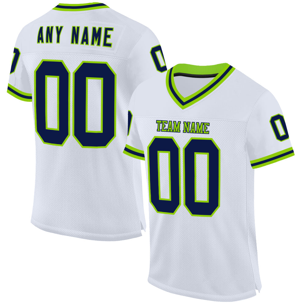 Custom White Navy-Neon Green Mesh Authentic Throwback Football Jersey - Main View