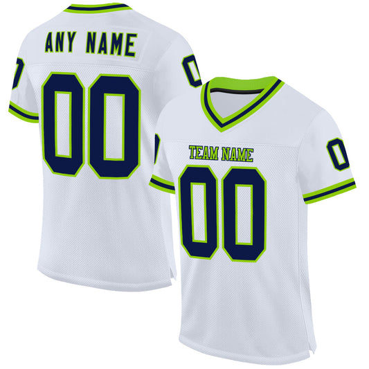 Custom White Navy-Neon Green Mesh Authentic Throwback Football Jersey - Main View
