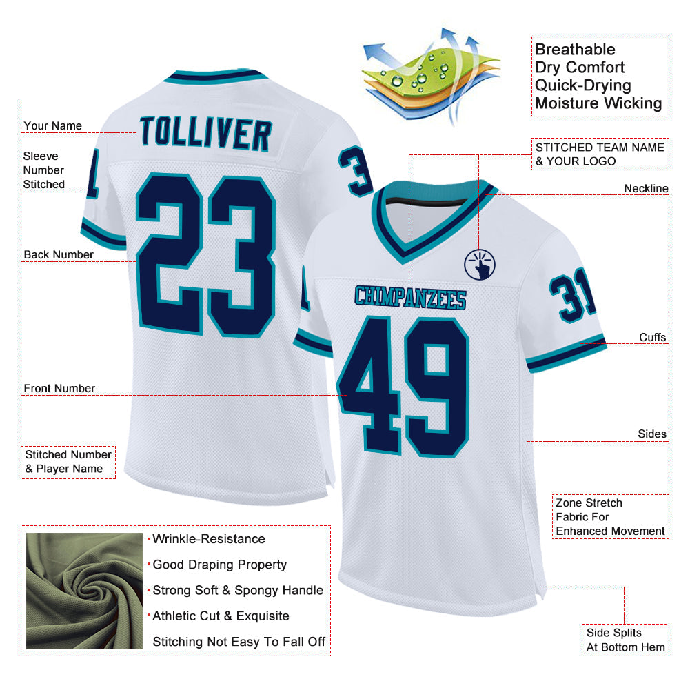 Custom White Navy-Teal Mesh Authentic Throwback Football Jersey view 2