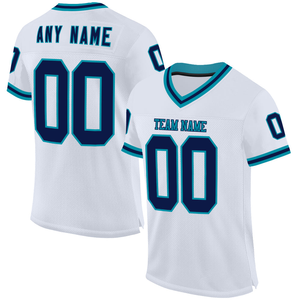 Custom White Navy-Teal Mesh Authentic Throwback Football Jersey - Main View