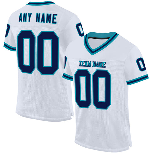 Custom White Navy-Teal Mesh Authentic Throwback Football Jersey - Main View