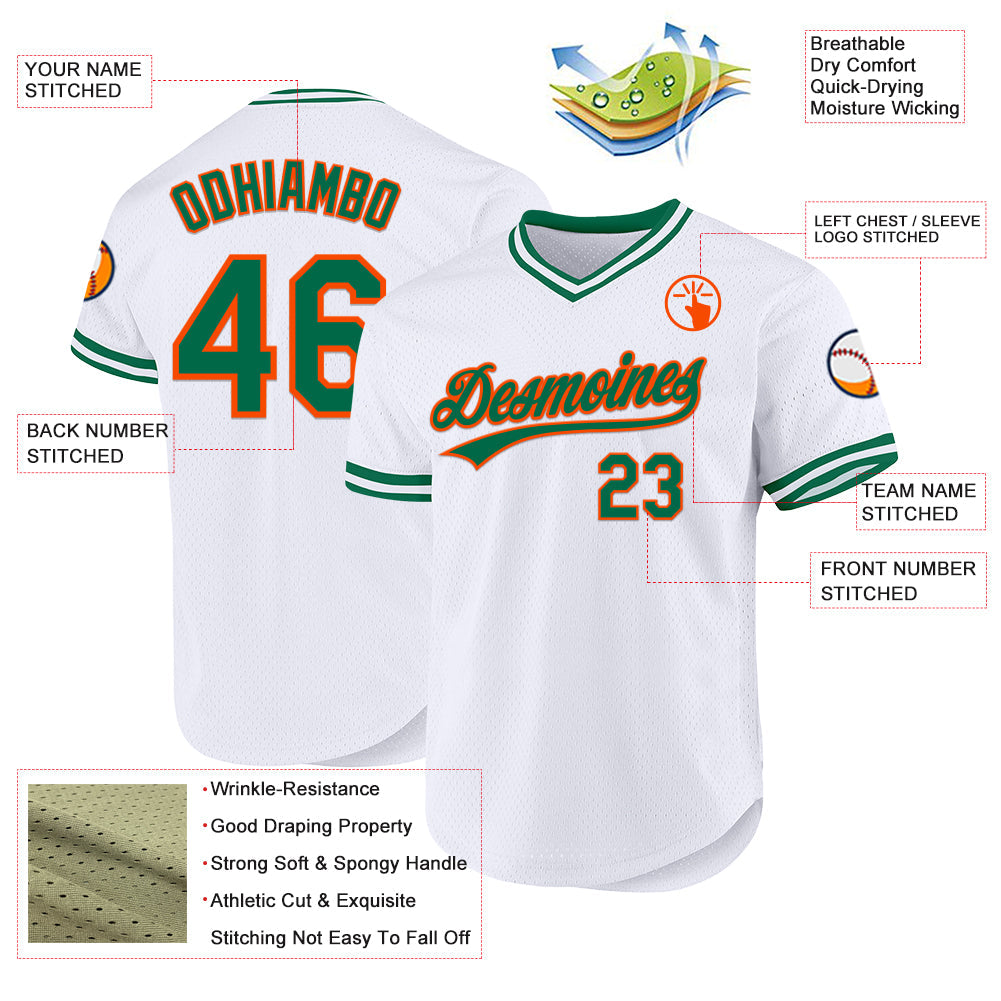Custom White Kelly Green-Orange Authentic Throwback Baseball Jersey view 3