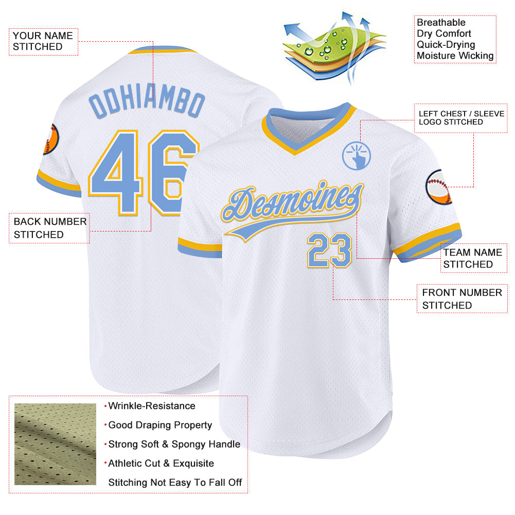 Custom White Light Blue-Gold Authentic Throwback Baseball Jersey view 3