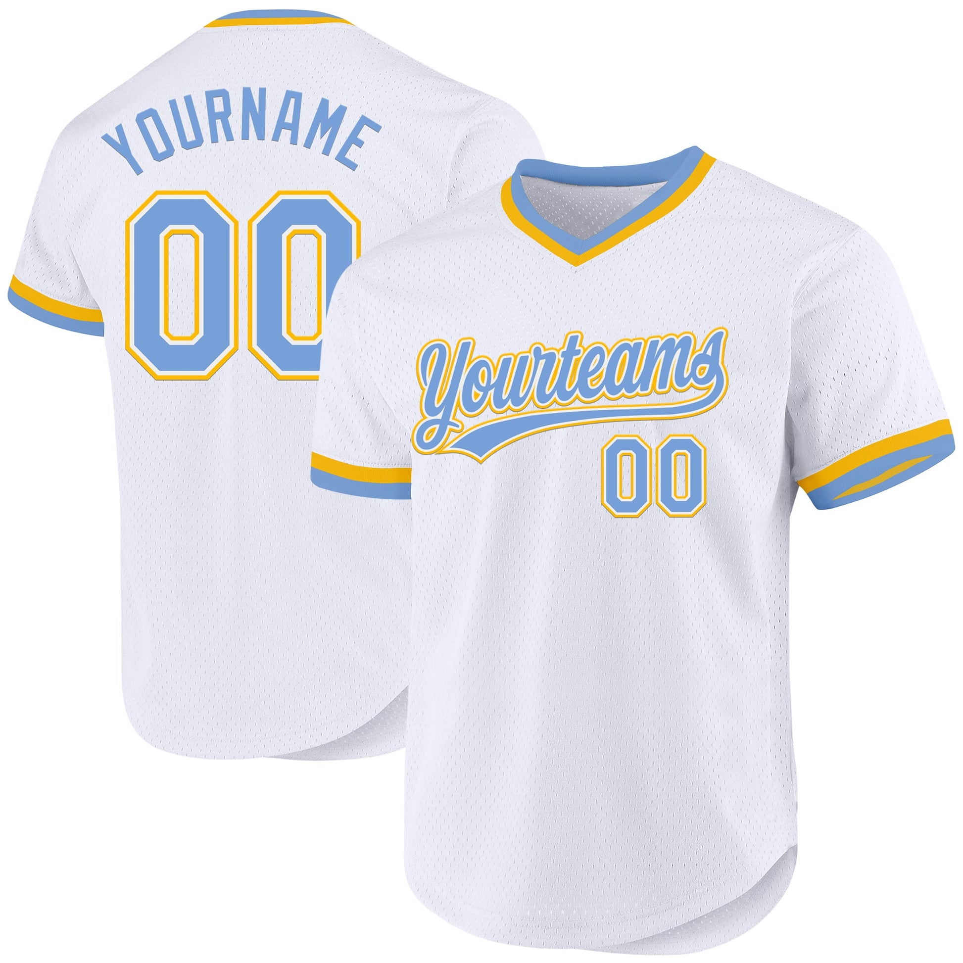 Custom White Light Blue-Gold Authentic Throwback Baseball Jersey - Main View