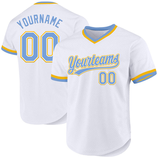 Custom White Light Blue-Gold Authentic Throwback Baseball Jersey - Main View