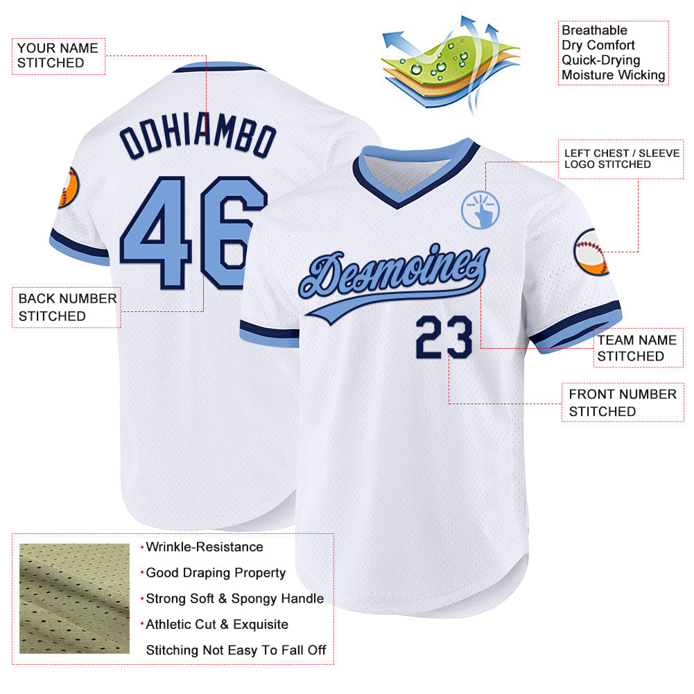 Custom White Light Blue-Navy Authentic Throwback Baseball Jersey view 3