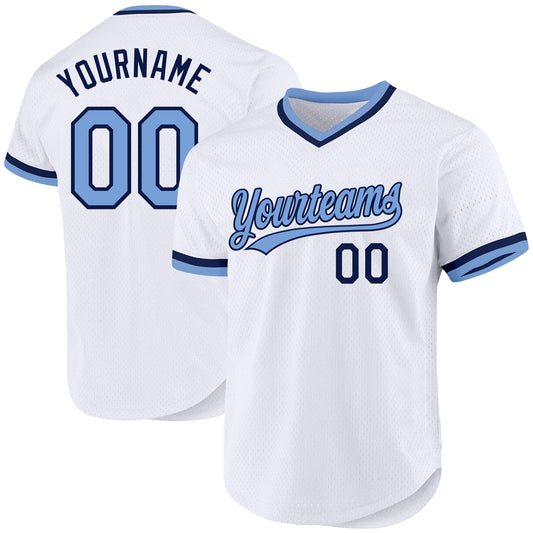Custom White Light Blue-Navy Authentic Throwback Baseball Jersey - Main View