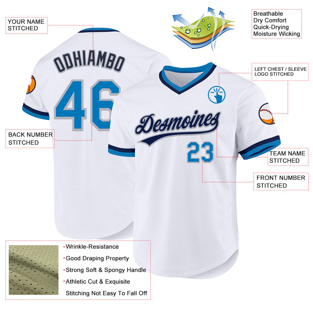 Custom White Blue Gray-Navy Authentic Throwback Baseball Jersey view 3