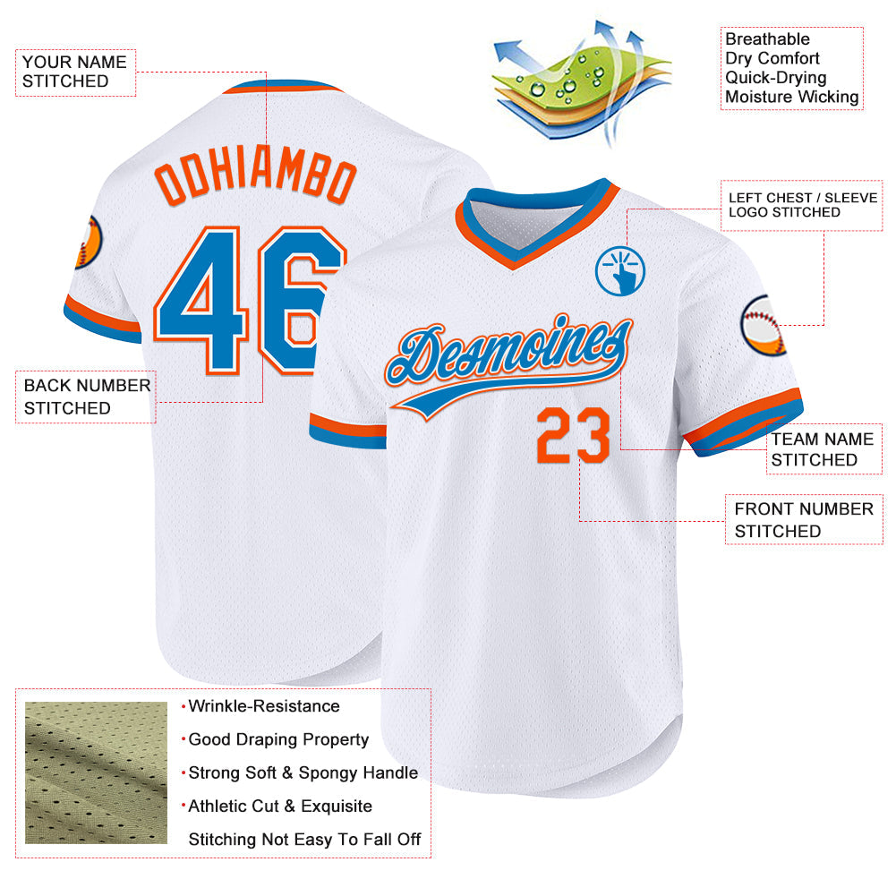 Custom White Blue-Orange Authentic Throwback Baseball Jersey view 3