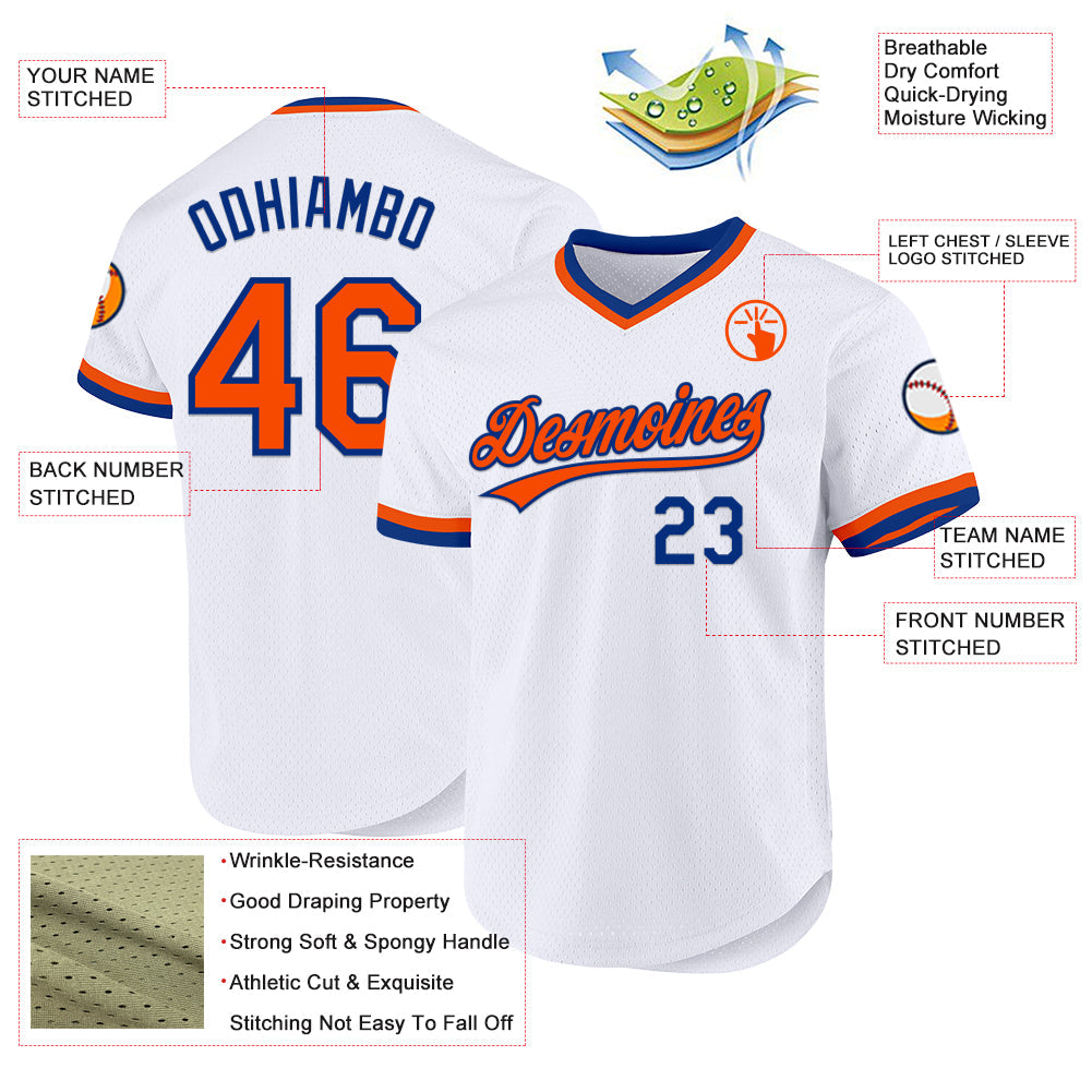 Custom White Orange-Royal Authentic Throwback Baseball Jersey view 3