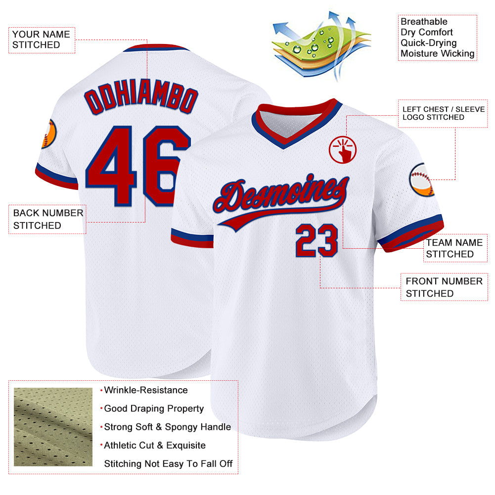 Custom White Red-Royal Authentic Throwback Baseball Jersey view 3
