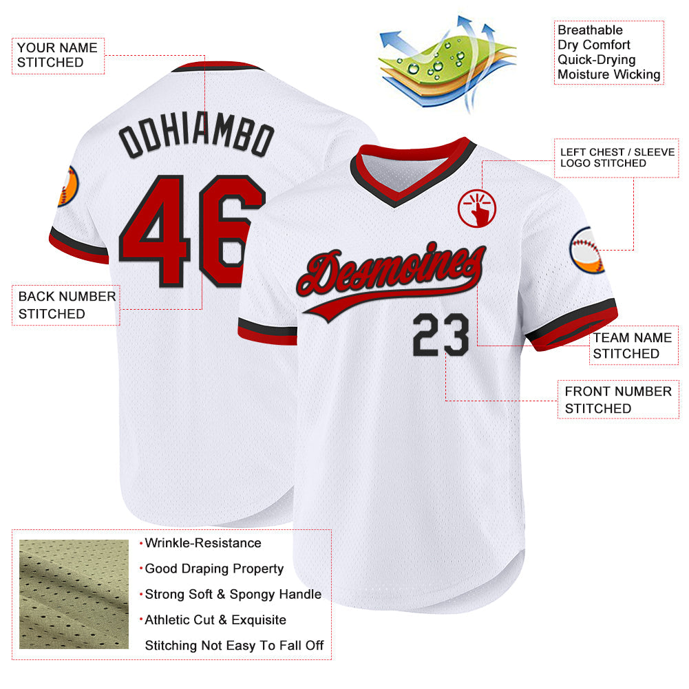Custom White Red-Black Authentic Throwback Baseball Jersey view 3
