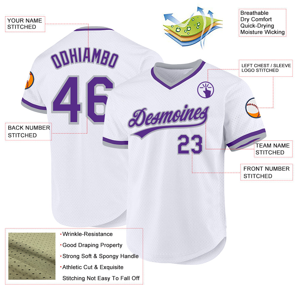 Custom White Purple-Gray Authentic Throwback Baseball Jersey view 3