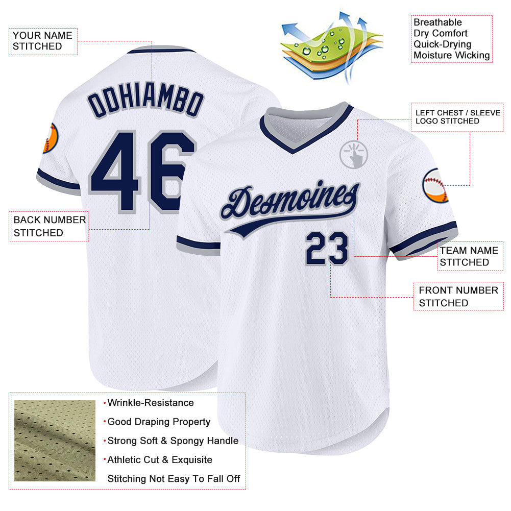 Custom White Navy-Gray Authentic Throwback Baseball Jersey view 3