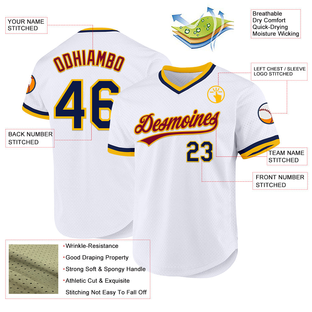 Custom White Navy-Gold Authentic Throwback Baseball Jersey view 3