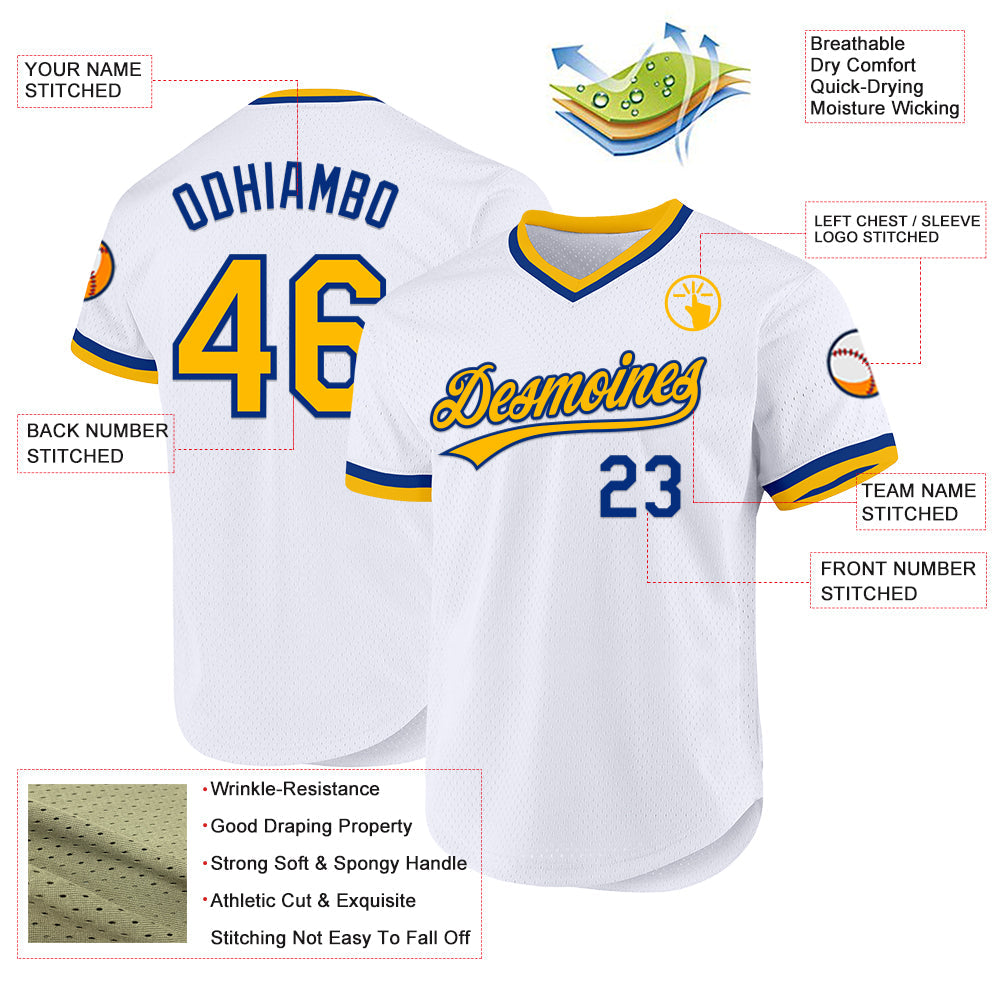 Custom White Gold-Royal Authentic Throwback Baseball Jersey view 3