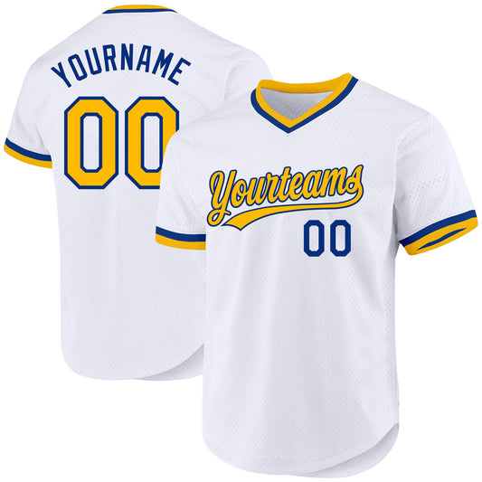 Custom White Gold-Royal Authentic Throwback Baseball Jersey - Main View