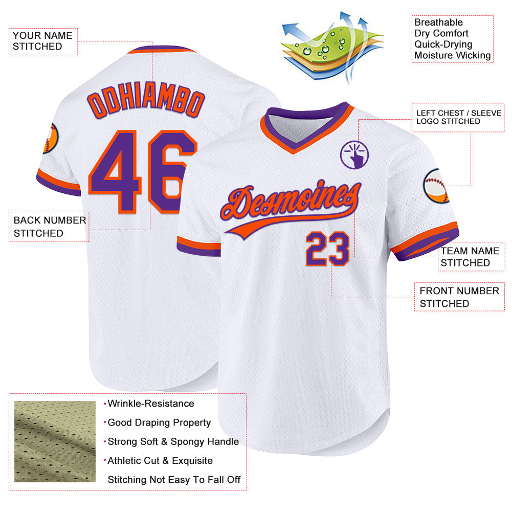 Custom White Purple-Orange Authentic Throwback Baseball Jersey view 3