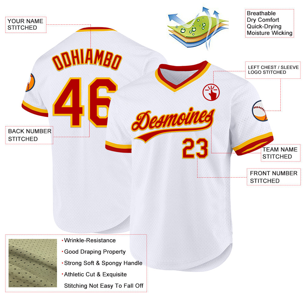 Custom White Red-Gold Authentic Throwback Baseball Jersey view 3