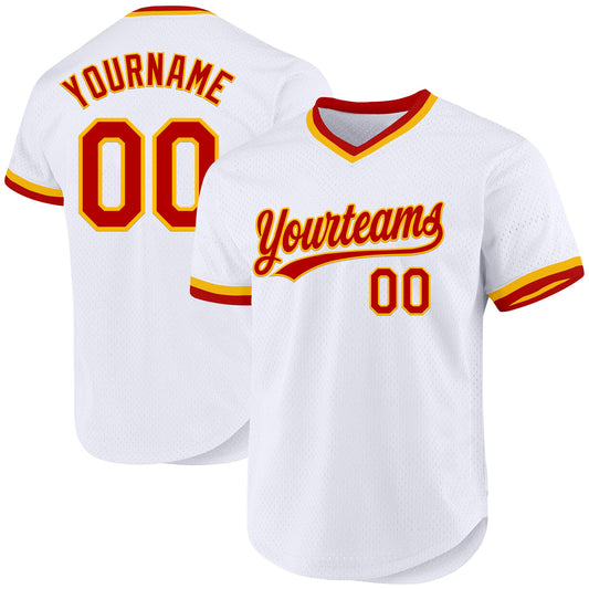 Custom White Red-Gold Authentic Throwback Baseball Jersey - Main View
