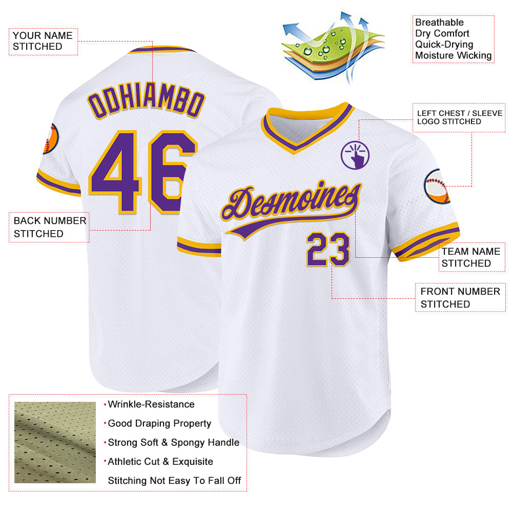 Custom White Purple-Gold Authentic Throwback Baseball Jersey view 3