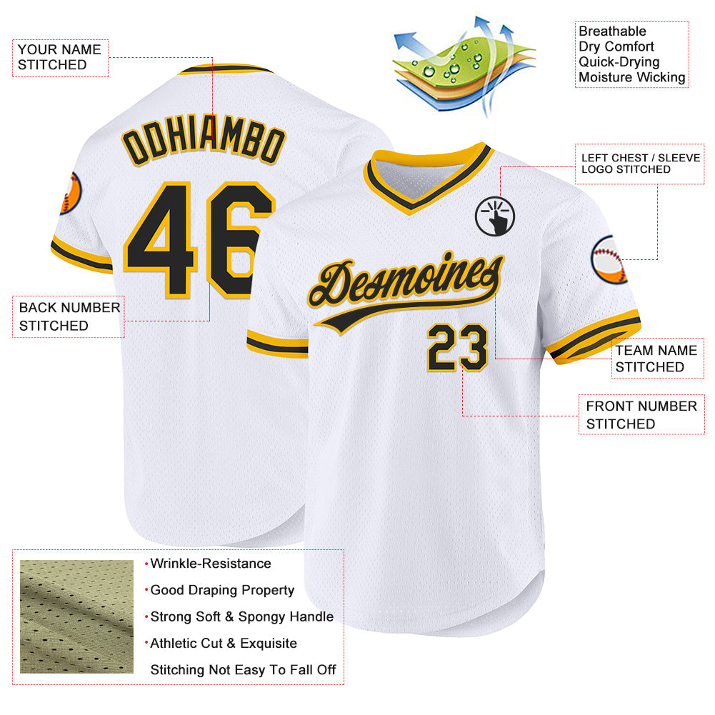 Custom White Black-Gold Authentic Throwback Baseball Jersey view 3