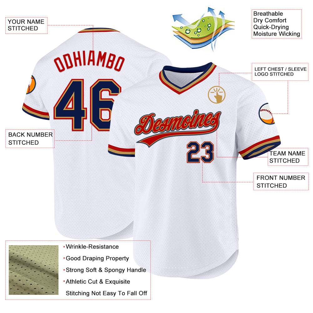 Custom White Navy Old Gold-Red Authentic Throwback Baseball Jersey view 3