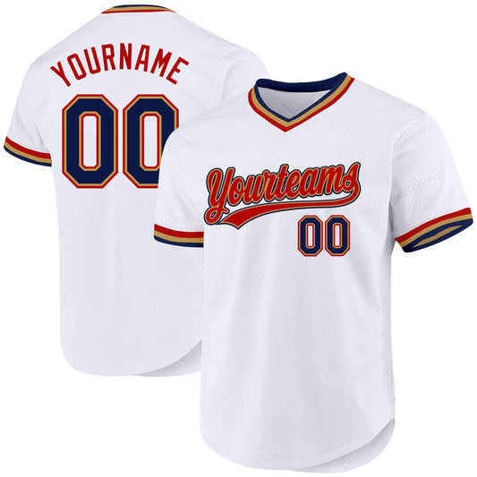 Custom White Navy Old Gold-Red Authentic Throwback Baseball Jersey - Main View