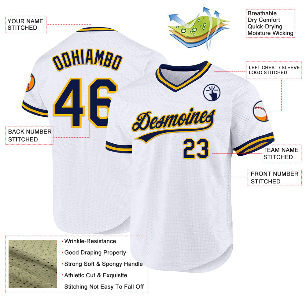 Custom White Navy-Gold Authentic Throwback Baseball Jersey view 3