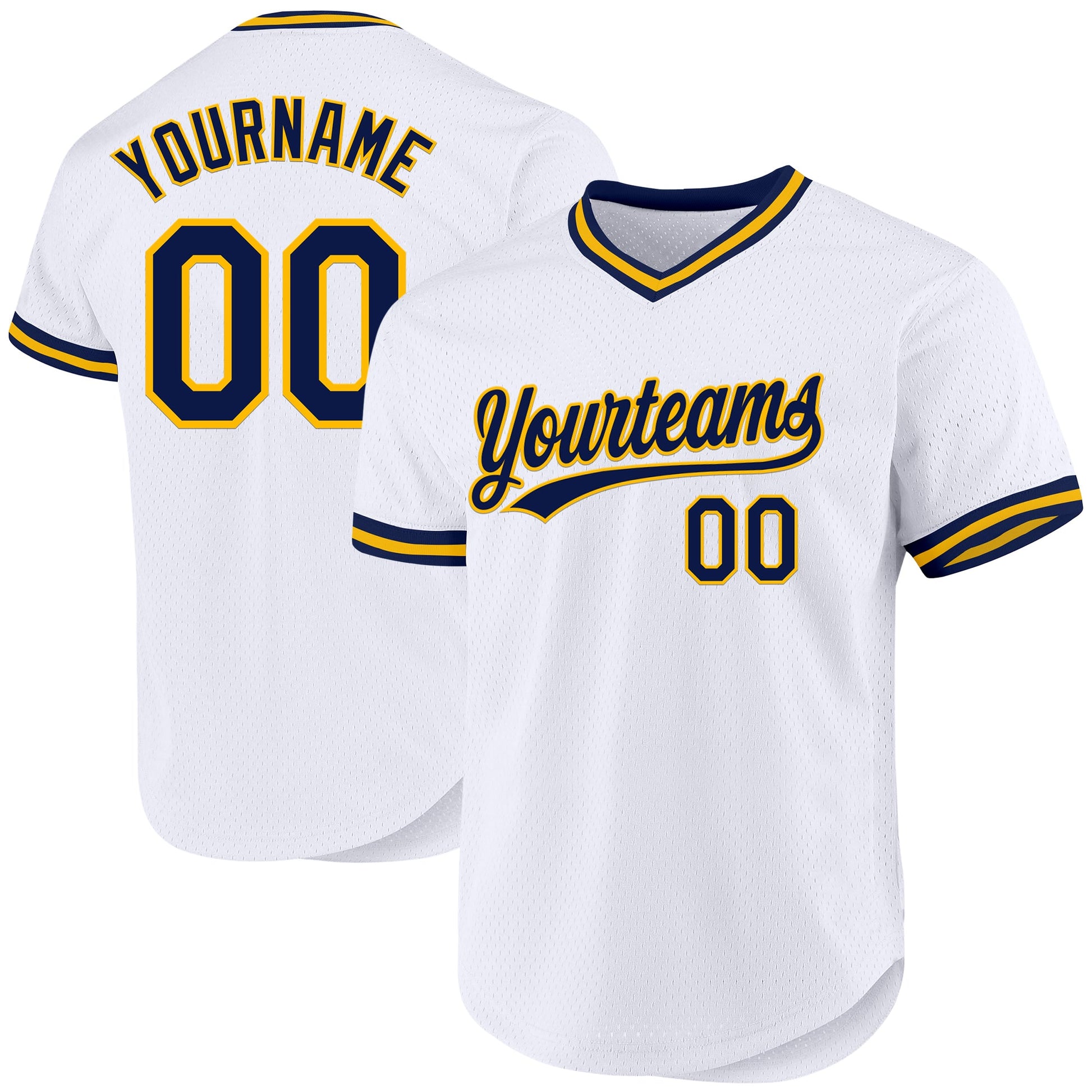 Custom White Navy-Gold Authentic Throwback Baseball Jersey - Main View