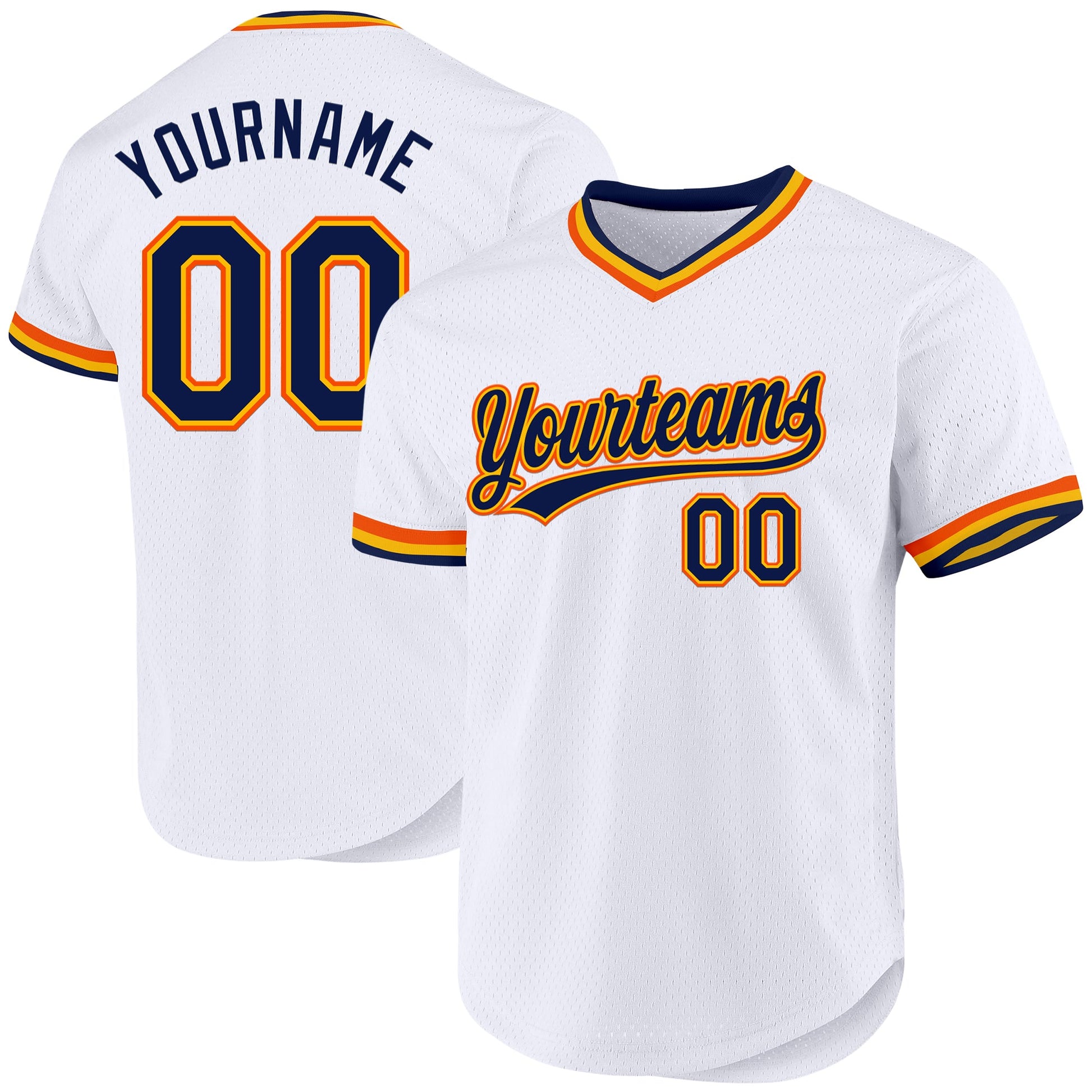 Custom White Navy Gold-Orange Authentic Throwback Baseball Jersey - Main View