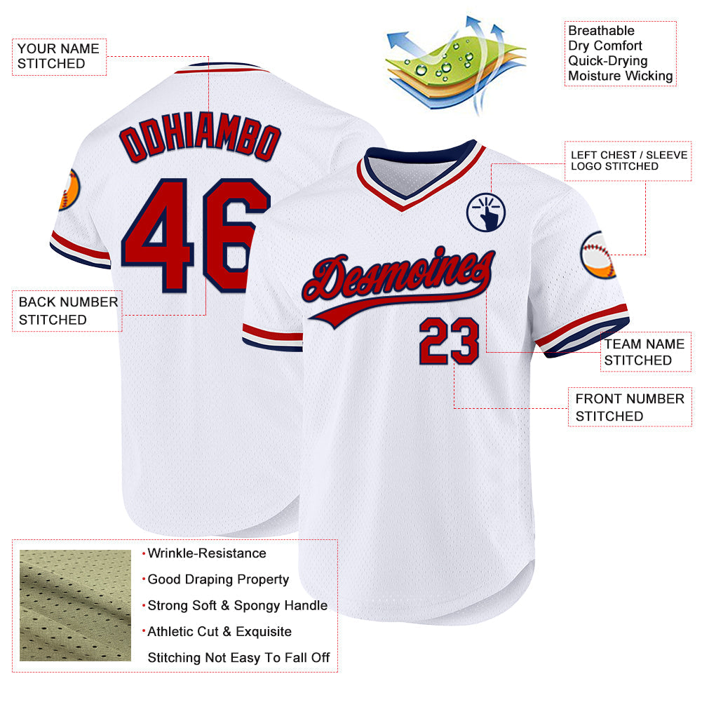 Custom White Red-Navy Authentic Throwback Baseball Jersey view 3