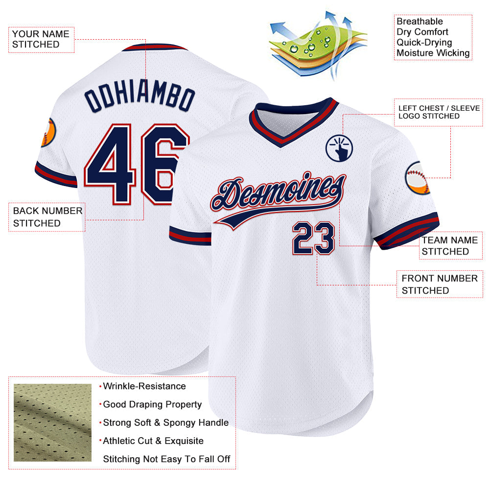 Custom White Navy-Red Authentic Throwback Baseball Jersey view 3