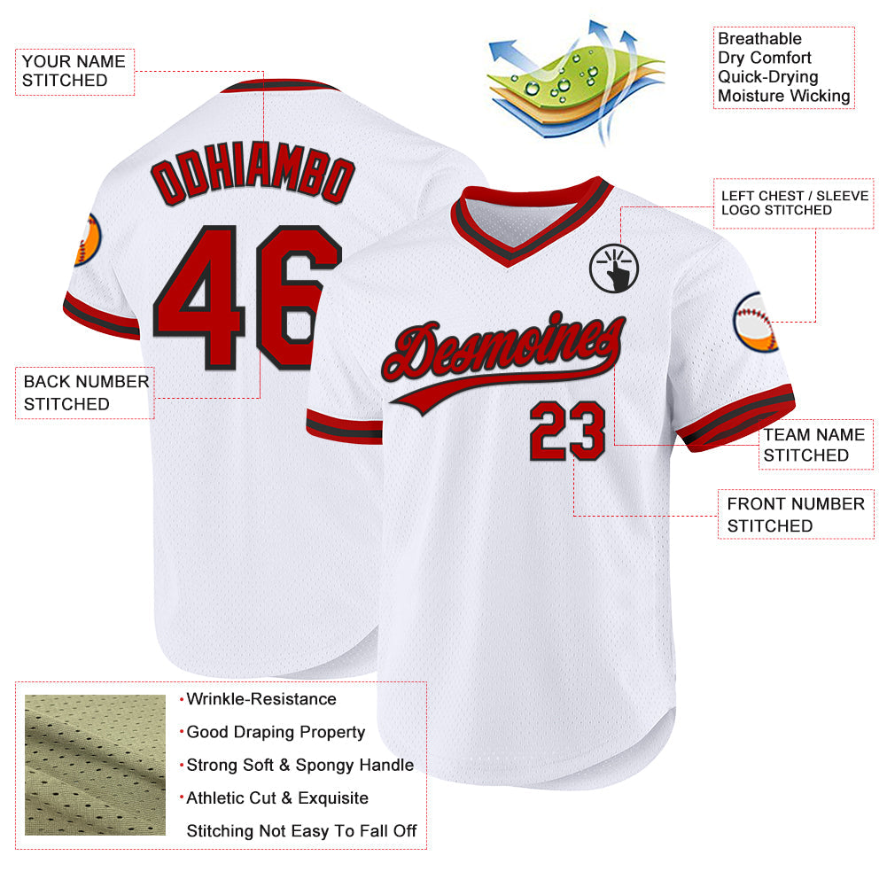Custom White Red-Black Authentic Throwback Baseball Jersey view 3