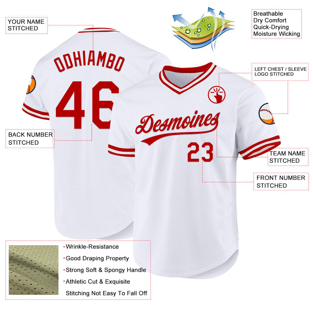 Custom White Red Authentic Throwback Baseball Jersey view 3