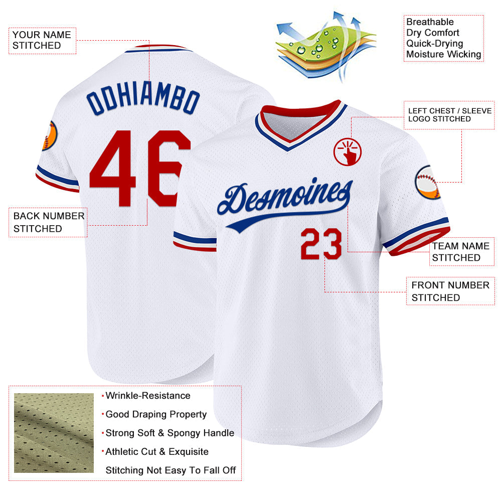 Custom White Red-Royal Authentic Throwback Baseball Jersey view 3