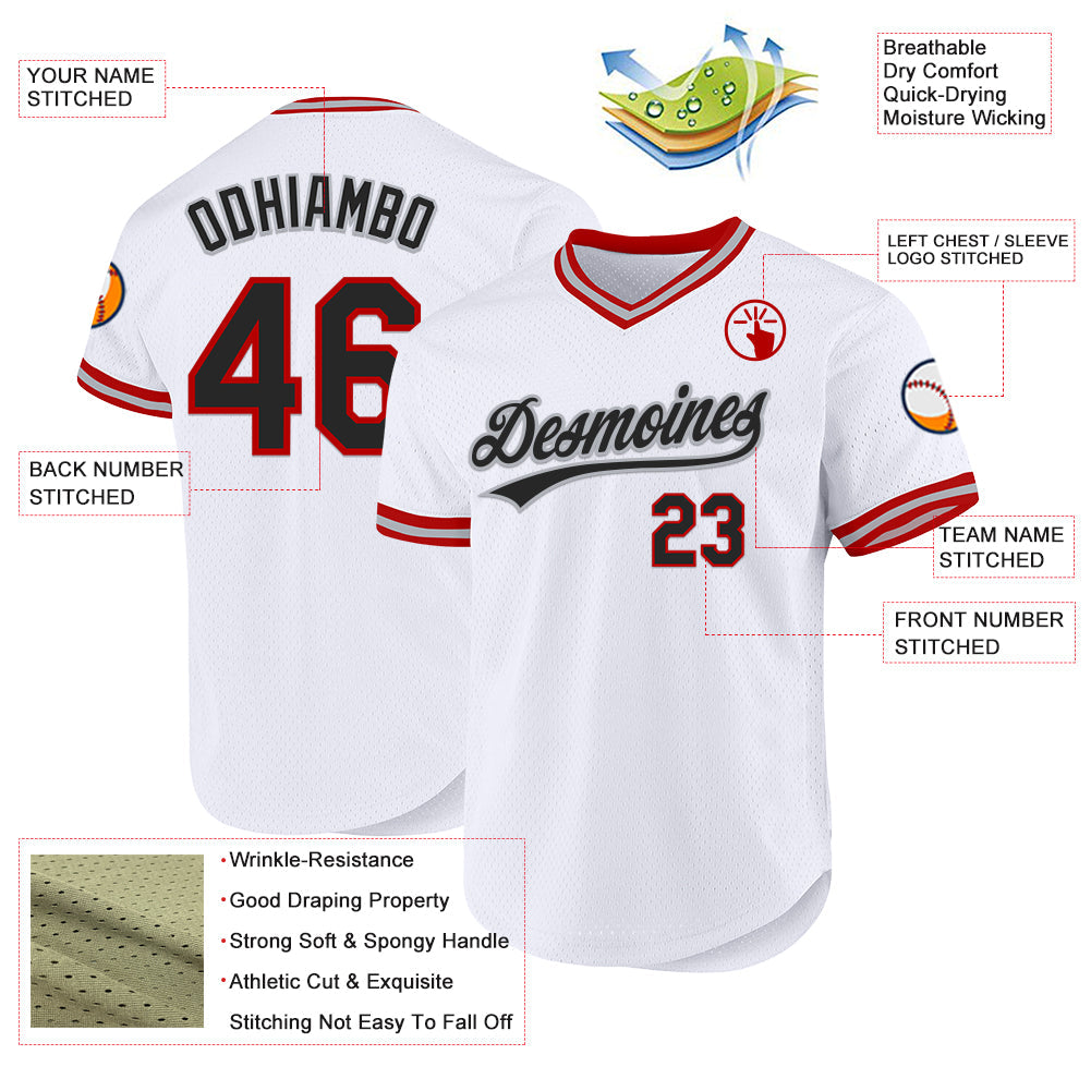 Custom White Black Red-Gray Authentic Throwback Baseball Jersey view 3