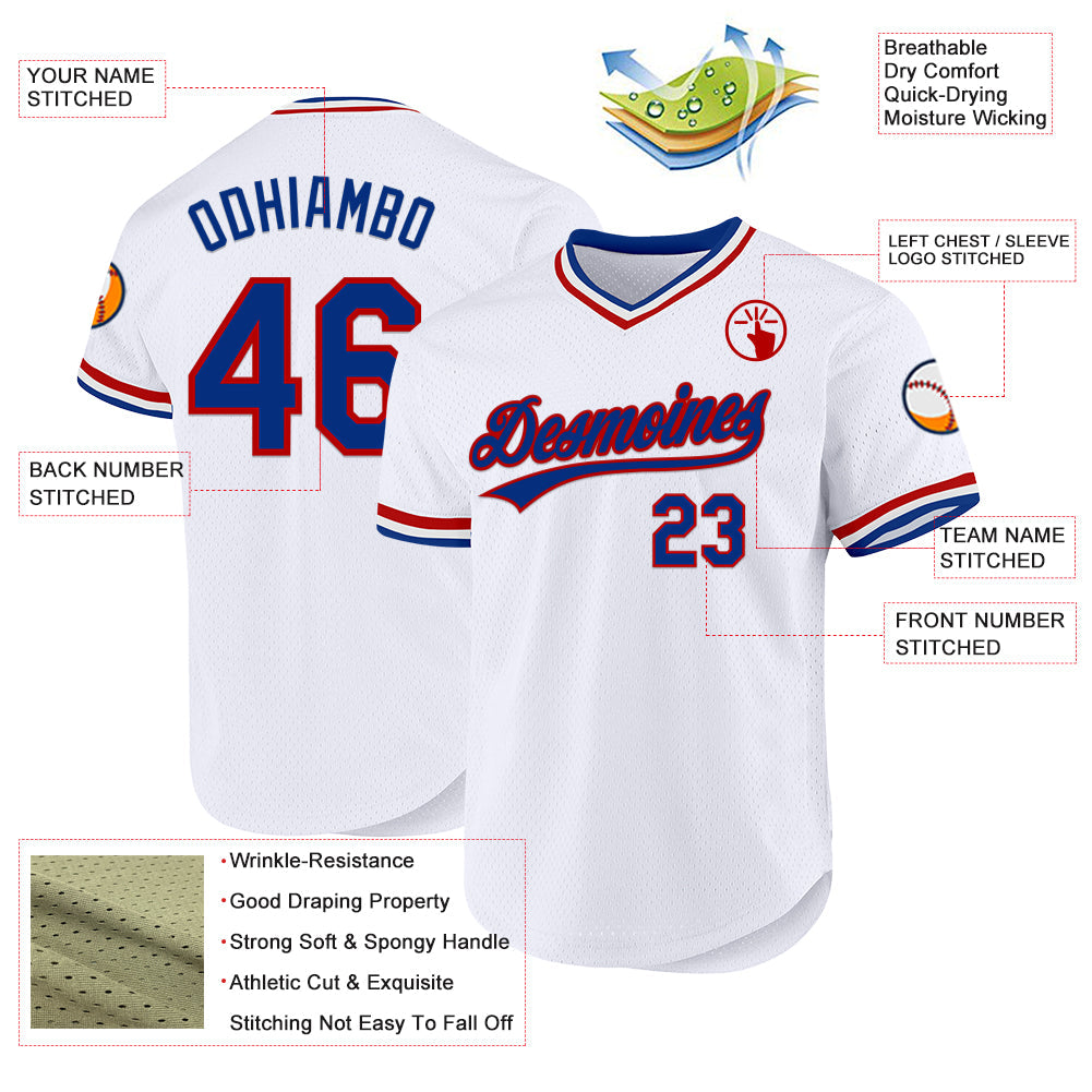 Custom White Royal-Red Authentic Throwback Baseball Jersey view 3