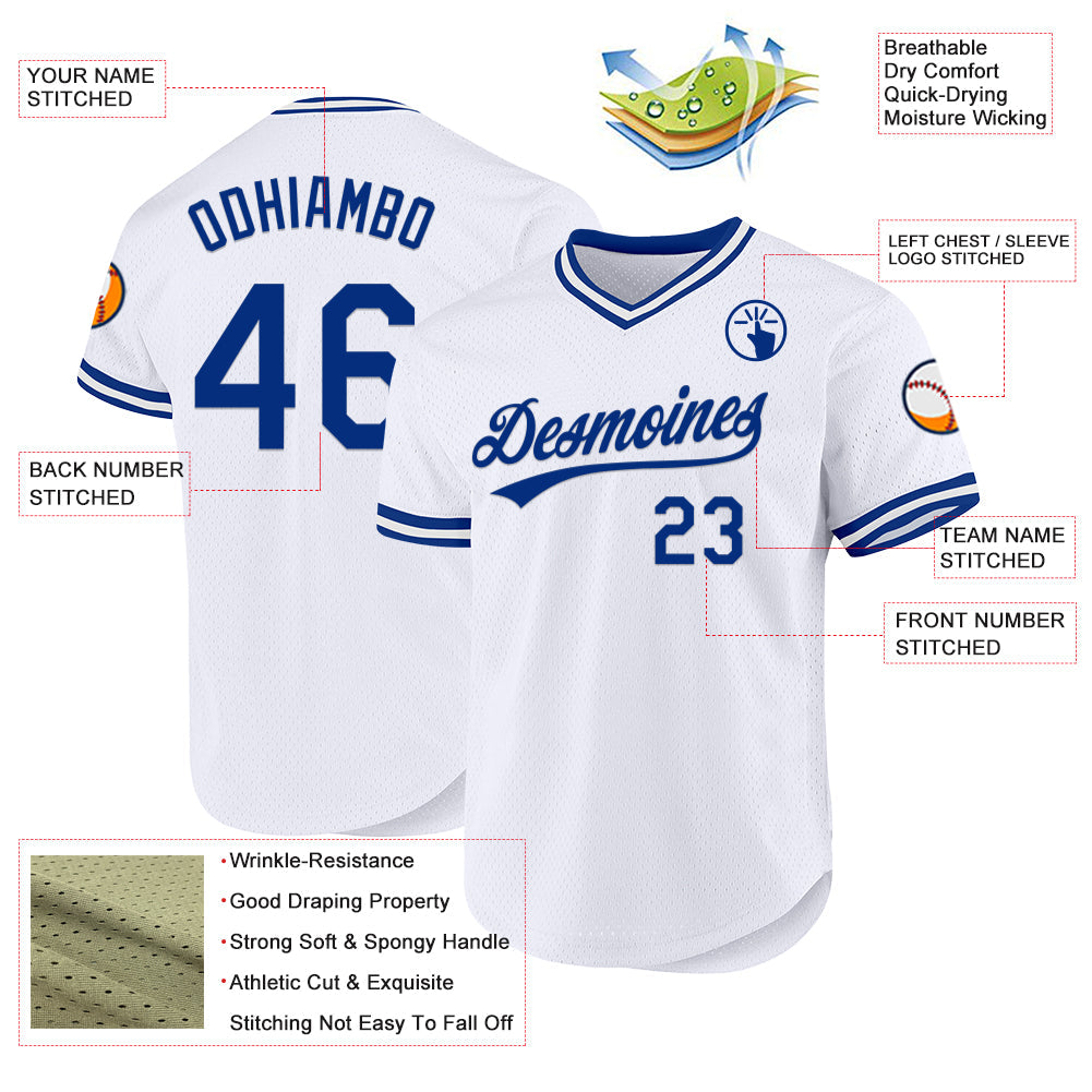 Custom White Royal Authentic Throwback Baseball Jersey view 3